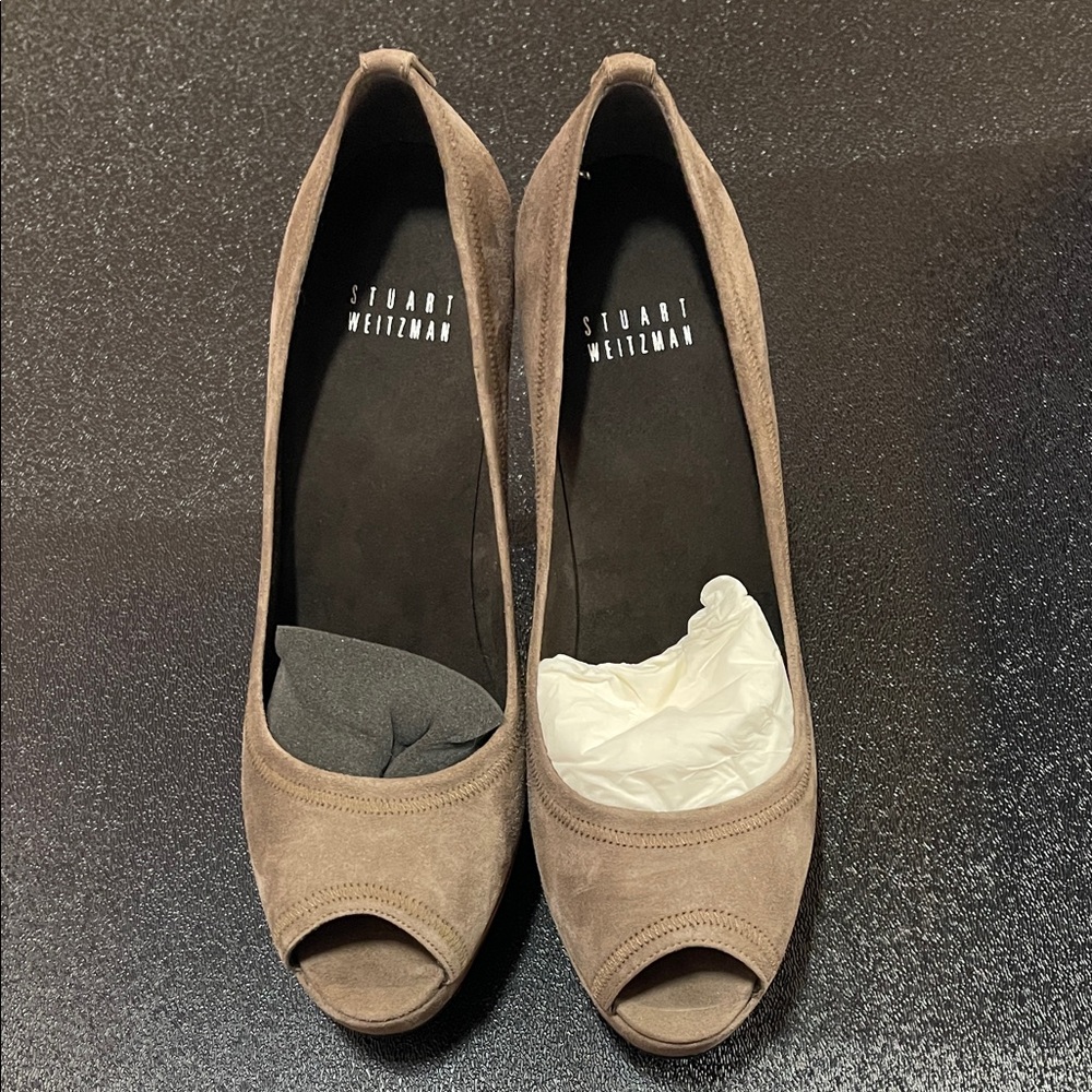 Stuart Weitzman Palace Mushroom Suede Brown Peep Toe Heels Size 6.5
